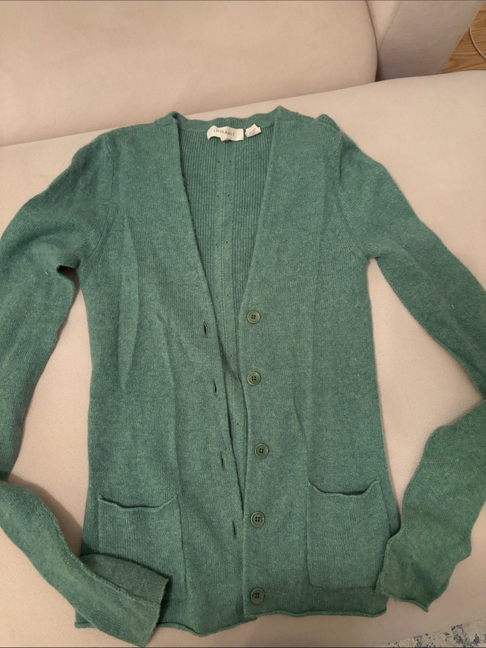 Inhabit Soft Green V-Neck Button-Up Cardigan